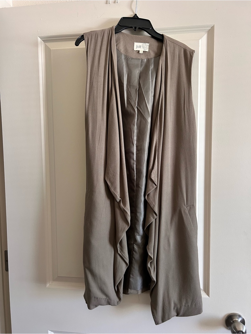 Long Jolt Neutral Army Green Open-Front Draped Vest with Waist Tie